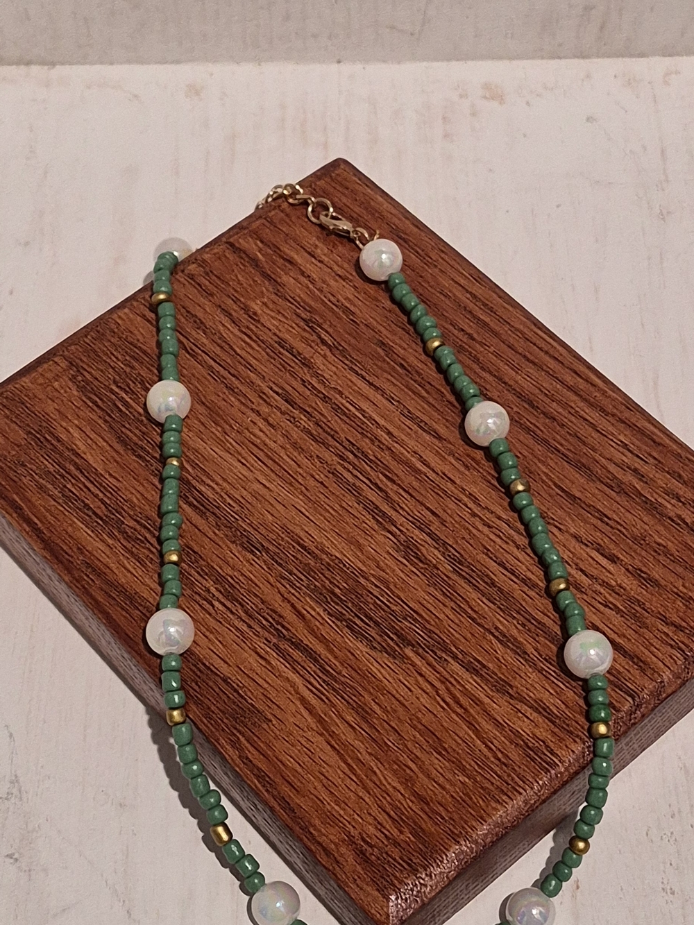 Green Beaded Necklace with Pearl Accents and Gold Spacers